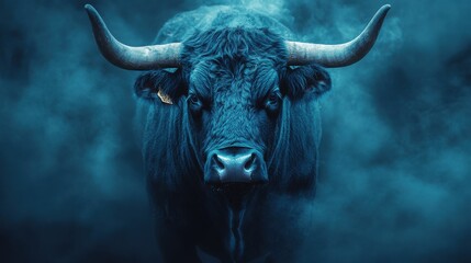 Naklejka premium A powerful black bull stares intensely at the camera through a haze of blue smoke.