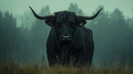 Naklejka premium A black Highland cow stands in a misty field, its thick fur glistening with moisture. The animal's piercing gaze and imposing horns create a sense of both beauty and power.