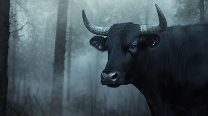 Naklejka premium A large black bull stands in a misty forest, its dark form contrasting with the ethereal light.