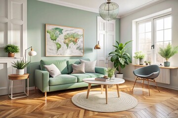 Fototapeta premium Cozy living room, Scandinavian interior design, mint green sofa, world map wall art, wooden parquet flooring, large windows, natural light, hanging pendant lamp, potted plants, round coffee table, gra