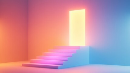 Staircase made of glowing blocks leading up to a bright door, symbolizing progress and opportunity