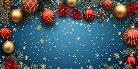 Christmas backdrop featuring red and gold ornaments with snowflakes.
