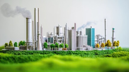 Obraz premium Miniature Industrial Cityscape Surrounded by Greenery: Sustainable Urban Development