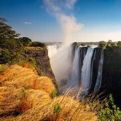 Fototapeta premium The Majestic Victoria Falls, Zambia and Zimbabwe Border, Showcasing the World's Largest Waterfall and Its Spectacular Natural Surroundings Amid African Wilderness
