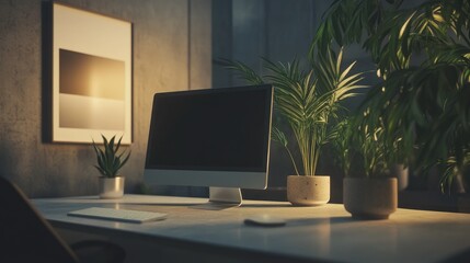 Modern Minimalist Workspace with Computer and Indoor Plants Illuminated by Soft Light