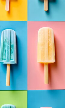 Set of popsicles in frame on a bright multi-colored background. Different flavors frozen ice on a multi-colored conveyor belt.