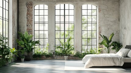 Bright Minimalist Bedroom with Large Windows and Indoor Plants Creating a Serene Space