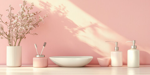 Elegant minimalist bathroom decor with pink accents and natural light