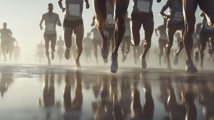 Dynamic Marathon Runners Charging Through Misty Streets at Sunrise