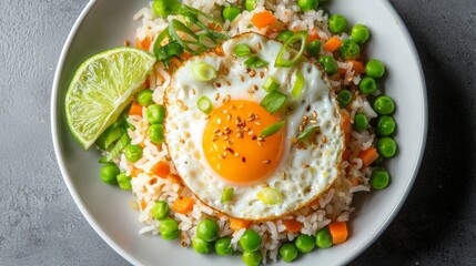 Mouthwatering Thai Fried Rice with Egg, Peas, and Carrots Styled to Perfection, Top-Down View for Culinary Inspiration