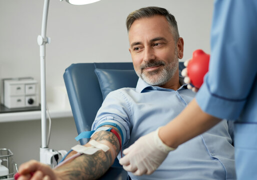 Man donating blood in medical clinic for charity and health awareness - Powered by Adobe