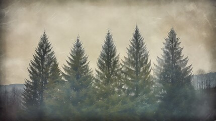 Five Silhouetted Pine Trees in a Foggy Landscape