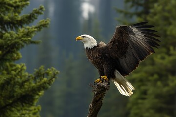 Obraz premium Bald Eagle Perched on Branch with Wings Spread