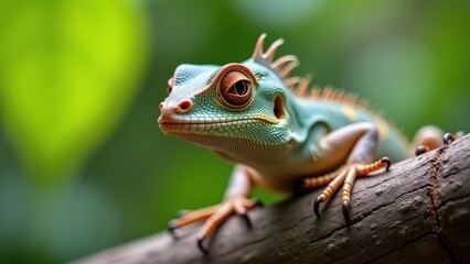 Naklejka premium A vibrant lizard sits calmly on a branch amidst lush greenery in a tropical rainforest, showcasing its striking colors under natural light