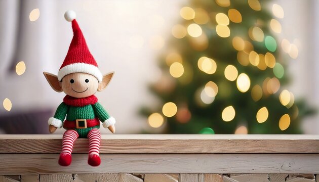 A cute elf toy sitting on a shelf, with a softly blurred Christmas tree in the background, creating a warm and festive atmosphere perfect for the holiday season
