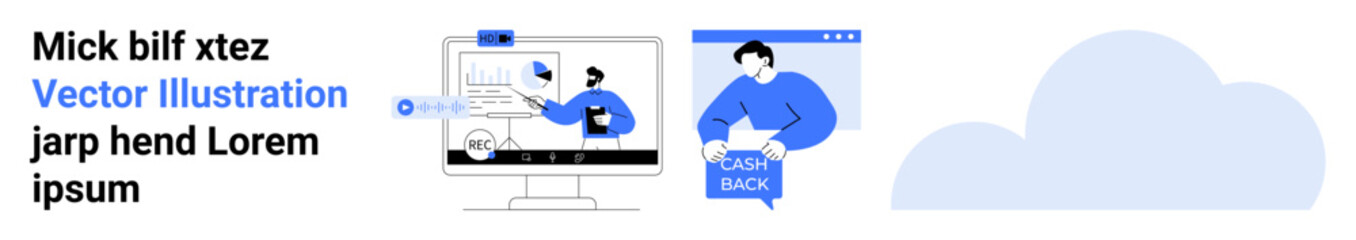 Computer screen displaying data charts, person analyzing feedback, cloud icon. Ideal for business presentations, data analytics, customer feedback reports, marketing materials, project management