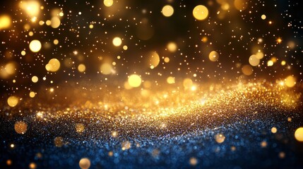 Obraz premium Blurred bokeh light on dark blue background. Christmas and New Year holidays template. Abstract glitter defocused blinking stars and sparks 