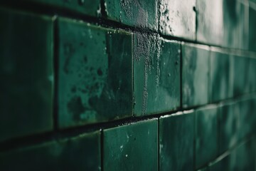 濡れた緑色のタイル壁のクローズアップ、湿気を帯びた古い建物の一部を示す