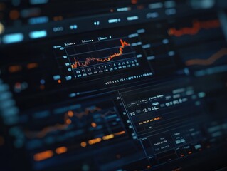 Obraz premium Perspective view of stock market growth, business investing and data concept with digital financial chart graphs, diagrams and indicators on dark blue blurry background. 3D rendering