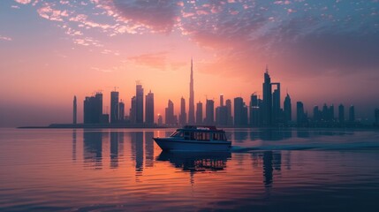 Naklejka premium Middle East City. Kuwait City Skyline at Sunset with Boats on Waterfront