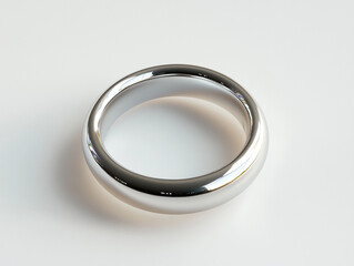 Fototapeta premium A close-up view of a simple, silver ring lying on a white surface. The ring is smooth and shiny, with a rounded profile