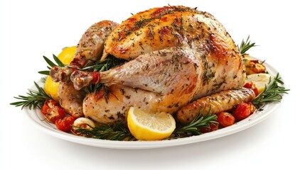 tomatoes, garlic, and lemon on white plate, cut out