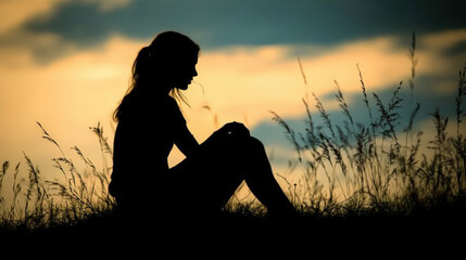 A silhouette of a person sitting alone in a field during sunset, evoking feelings of introspection and solitude