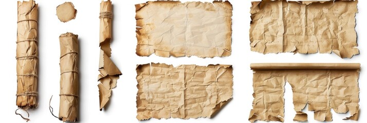 Old Torn Paper. Vintage Papyrus and Manuscript Scrolls on White Background