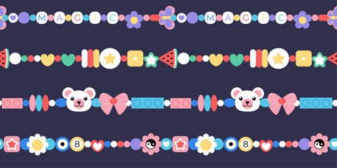 Seamless pattern of plastic beads bracelets. Y2k friendship accessories background with bear, balloon, butterfly, flower, star, bff, magic. Vector print