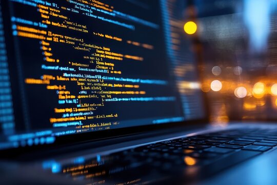 Close-up of a laptop displaying colorful code at night in a bustling city environment