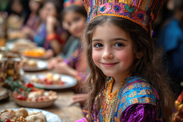 Family celebrating purim with vibrant costumes and traditional feast