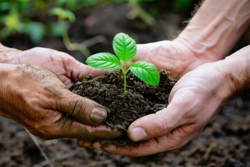 Fototapeta premium Seedling To Tree. Hands Holding Germ Bud with Nurture Concept in Green Nature Background