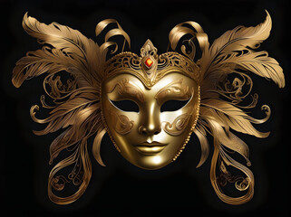 Carnival gold venetian mask on the black background. Close-up.