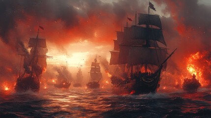 Epic naval battle with burning ships and smoke-filled sky