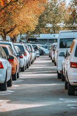 Row of parked cars lining busy urban street in autumn