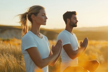 Couple practicing mindfulness meditation outdoors during sunset in a golden field
