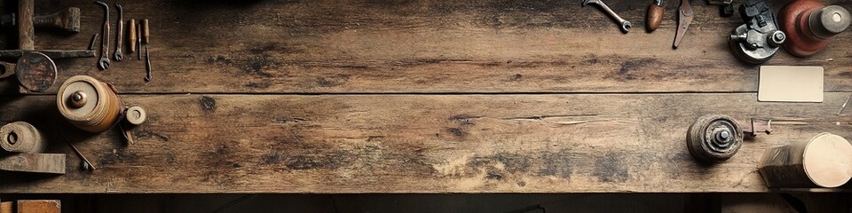 Fototapeta premium Rustic carpentry tools on wooden table with copy space
