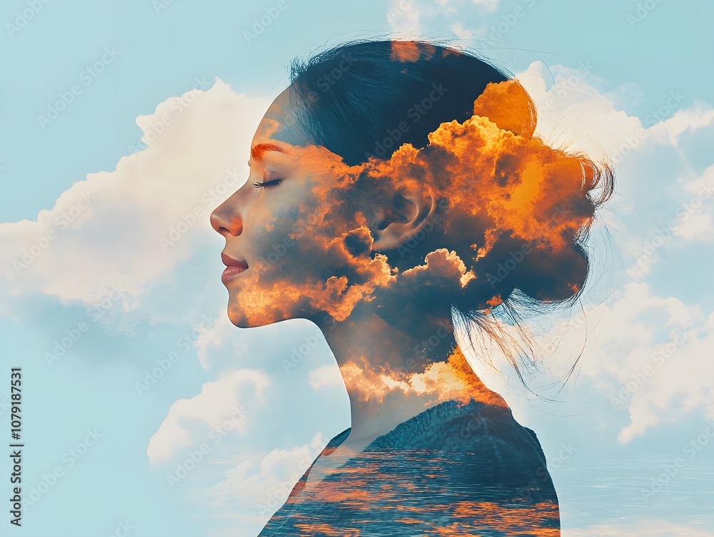 Poster serene profile of a woman with dreamy clouds and ocean waves in a surreal double exposure capture of