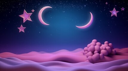 Fototapeta premium Pink Crescent Moon and Stars over a Purple Landscape