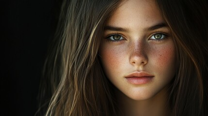 Obraz premium Young girl with freckles and long hair poses in soft lighting indoors