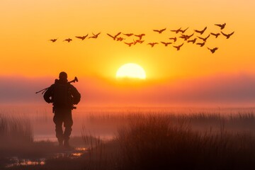 Fototapeta premium Silhouette of a hunter in a misty field at sunrise with a flock of birds flying overhead