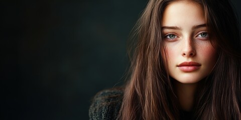Fototapeta premium Young woman with long hair and natural makeup against a dark background