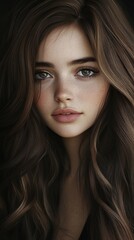 Fototapeta premium Young woman with long brown hair and striking features in soft lighting