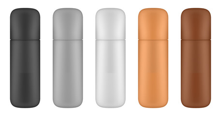 Set of cosmetic bottles for lotion or body milk. Brown, bronze, white, gray and black bottles. Cream, shampoo, shower gel or body lotion