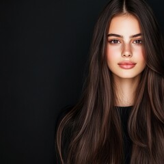 Fototapeta premium Young woman with long hair posing against a dark background indoors