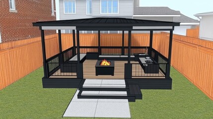 Modern Backyard Gazebo with Fire Pit and Outdoor Kitchen, Perfect for Entertaining and Relaxation in Residential Spaces with Stylish, Cozy Designs