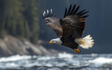 Obraz premium Bald Eagle Flying Low over Water with Wings Spread