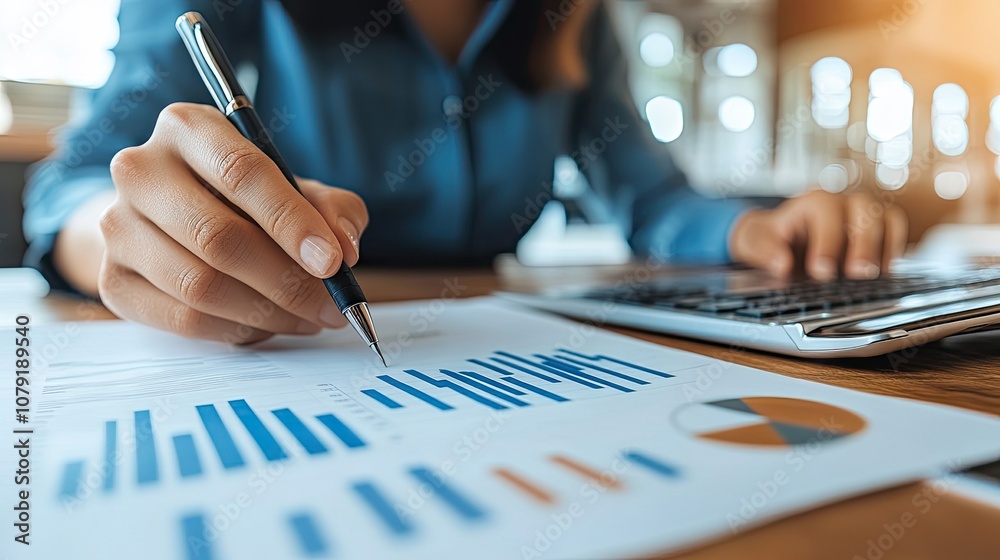 Poster business professional analyzing financial data with graphs and charts while using a calculator in a 