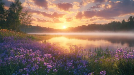Obraz premium A Misty Sunrise Over a Still Lake with Purple Flowers