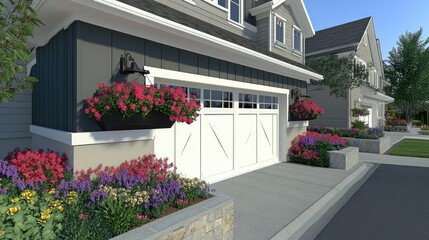 Fototapeta premium Beautiful Residential Neighborhood with Lush Flower Beds and Modern Architecture Highlighting Garage Doors and Well-Maintained Pathways Surrounded by Vibrant Greenery